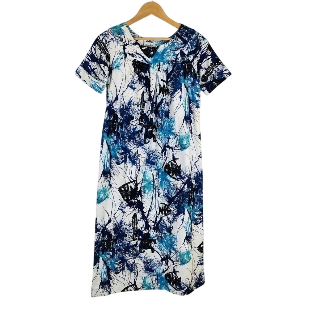 Vintage Paradise XXS Hawaii Native Stamp‎ Blue White Short Sleeve Midi Dress